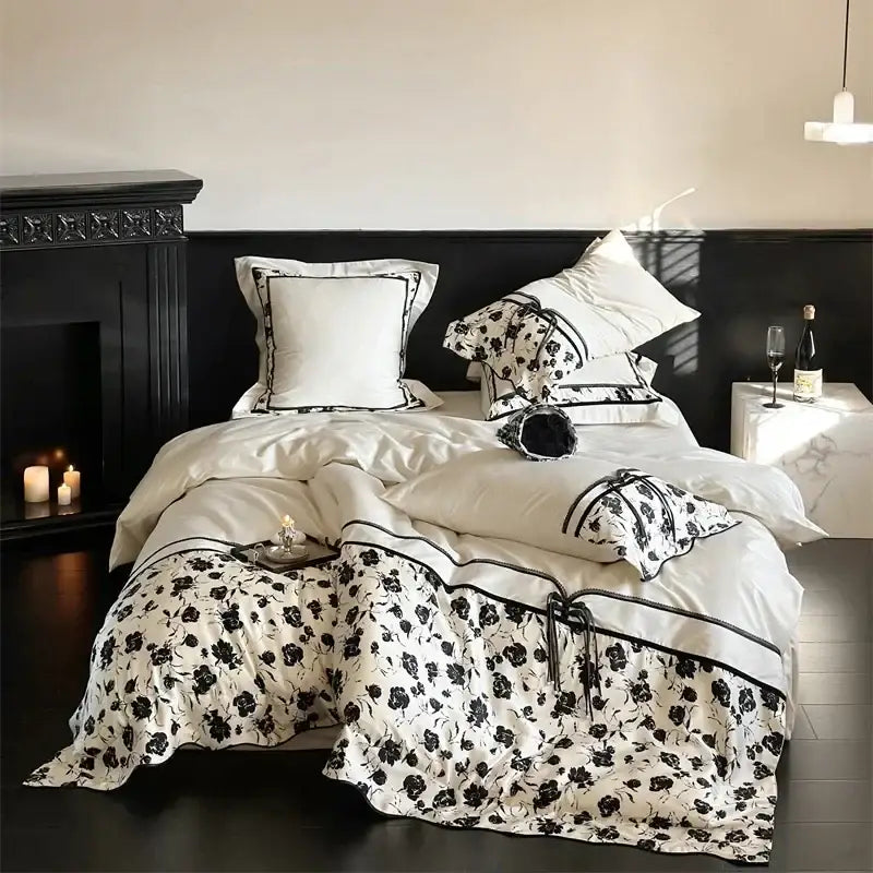 Beige floral satin cotton patchwork bedding set bedroom linens