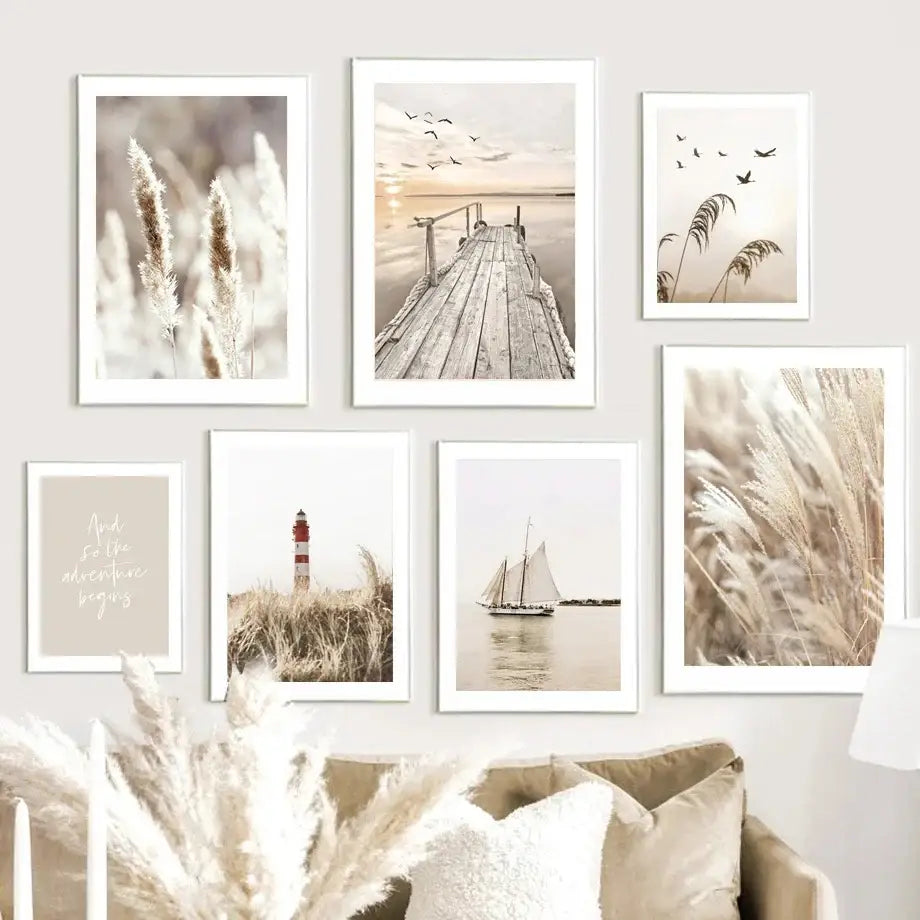 Beige flower grass bird canvas print living room wall art