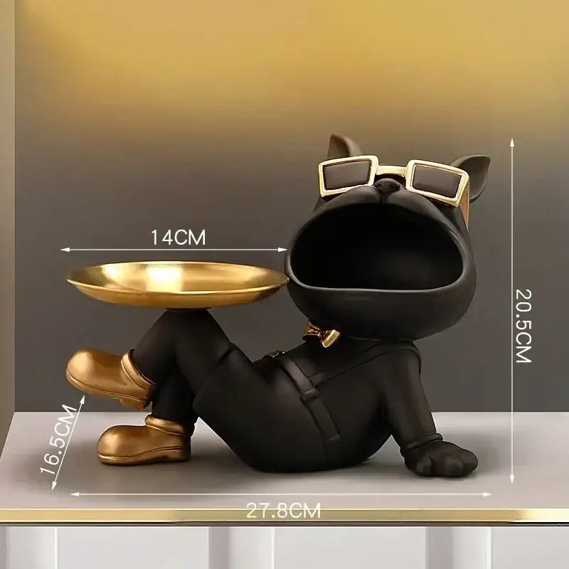 Beige french bulldog resin statue with gold tray living room decor