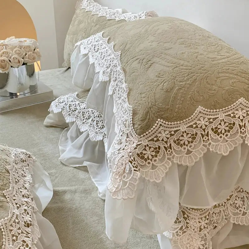 Beige french lace ruffles velvet bedding set bedroom decor