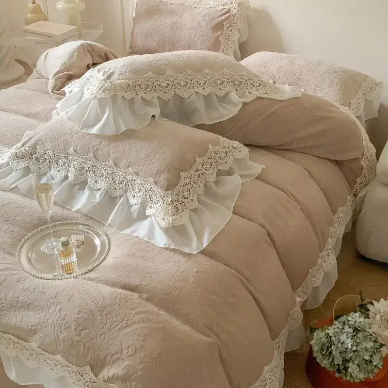 Beige french lace ruffles velvet bedding set bedroom decor