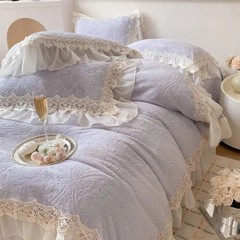 Beige french lace ruffles velvet bedding set bedroom decor