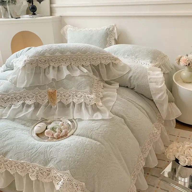 Beige french lace ruffles velvet bedding set bedroom decor