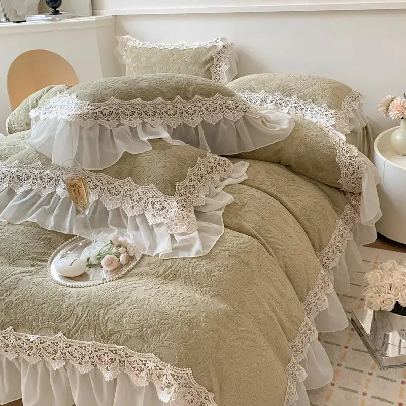Beige french lace ruffles velvet bedding set bedroom decor