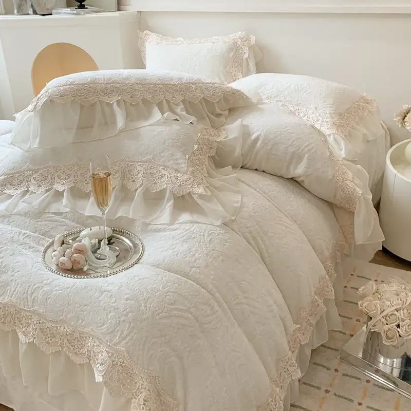 Beige french lace ruffles velvet bedding set bedroom decor