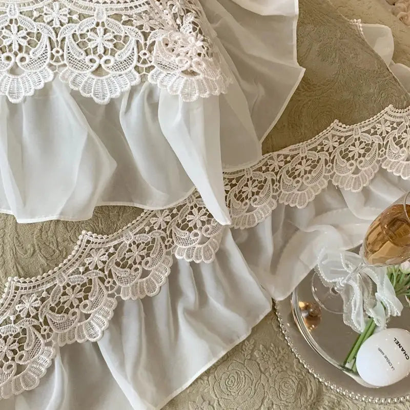 Beige french lace ruffles velvet bedding set bedroom decor