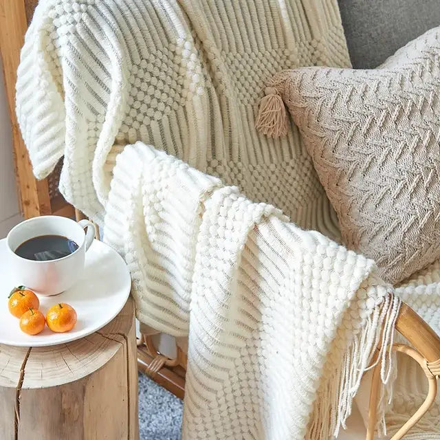 Beige geometric knitted tassel blanket bedroom throw decorbites 3d knitted