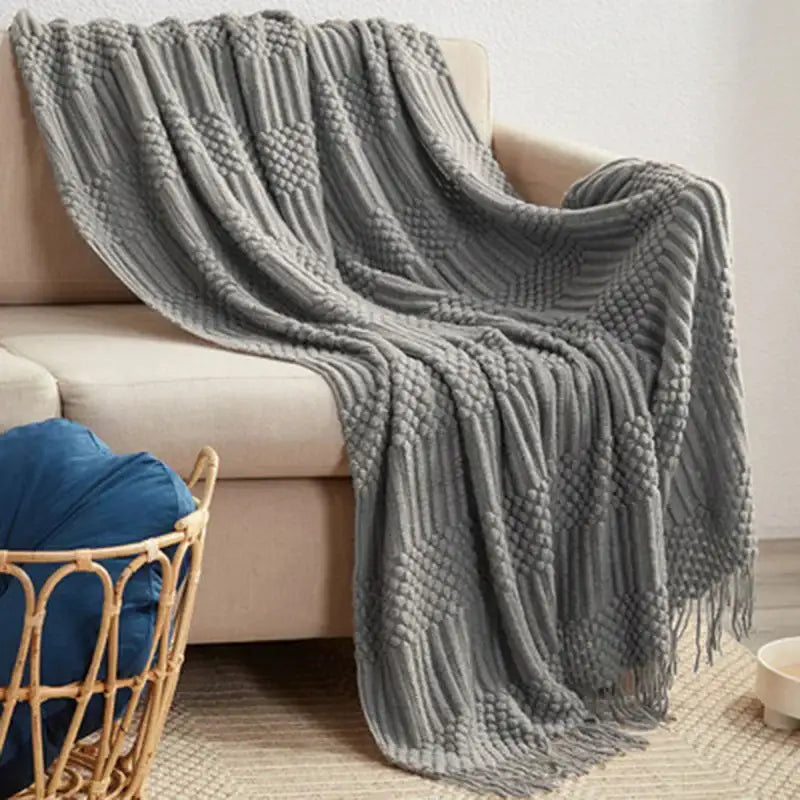 Beige geometric knitted tassel blanket bedroom throw decorbites 3d knitted