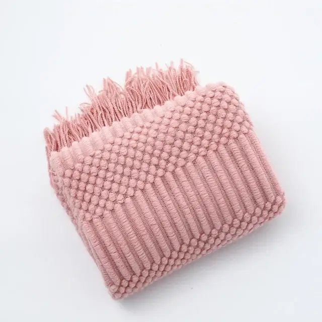 Beige geometric knitted tassel blanket bedroom throw decorbites 3d knitted