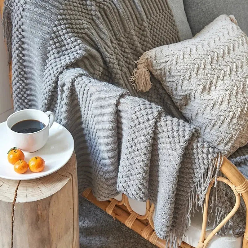 Beige geometric knitted tassel blanket bedroom throw decorbites 3d knitted