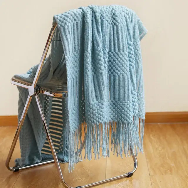 Beige geometric knitted tassel blanket bedroom throw decorbites 3d knitted