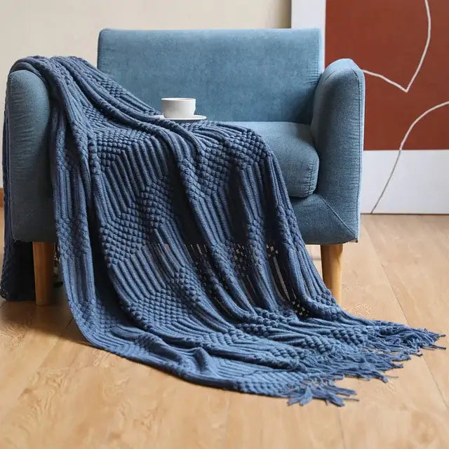 Beige geometric knitted tassel blanket bedroom throw decorbites 3d knitted