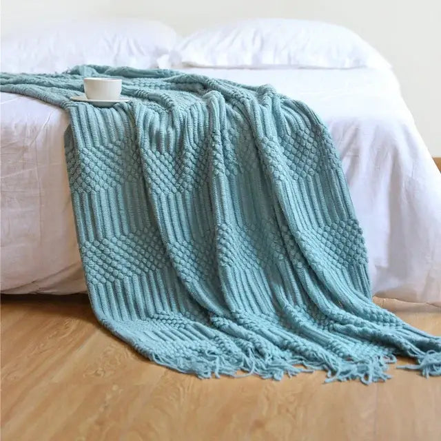 Beige geometric knitted tassel blanket bedroom throw decorbites 3d knitted
