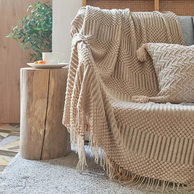 Beige geometric knitted tassel blanket bedroom throw decorbites 3d knitted
