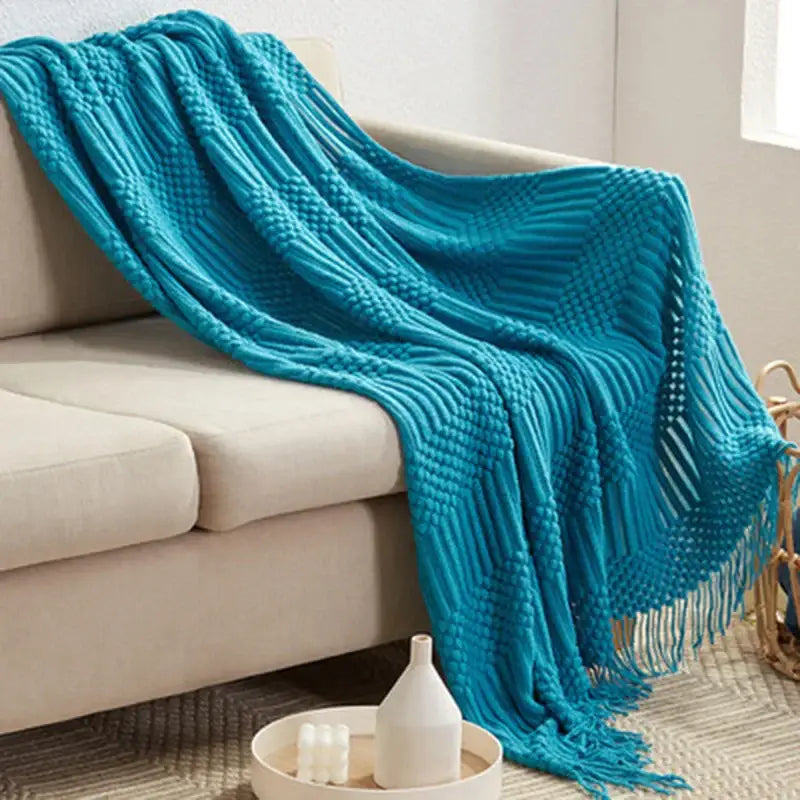 Beige geometric knitted tassel blanket bedroom throw decorbites 3d knitted