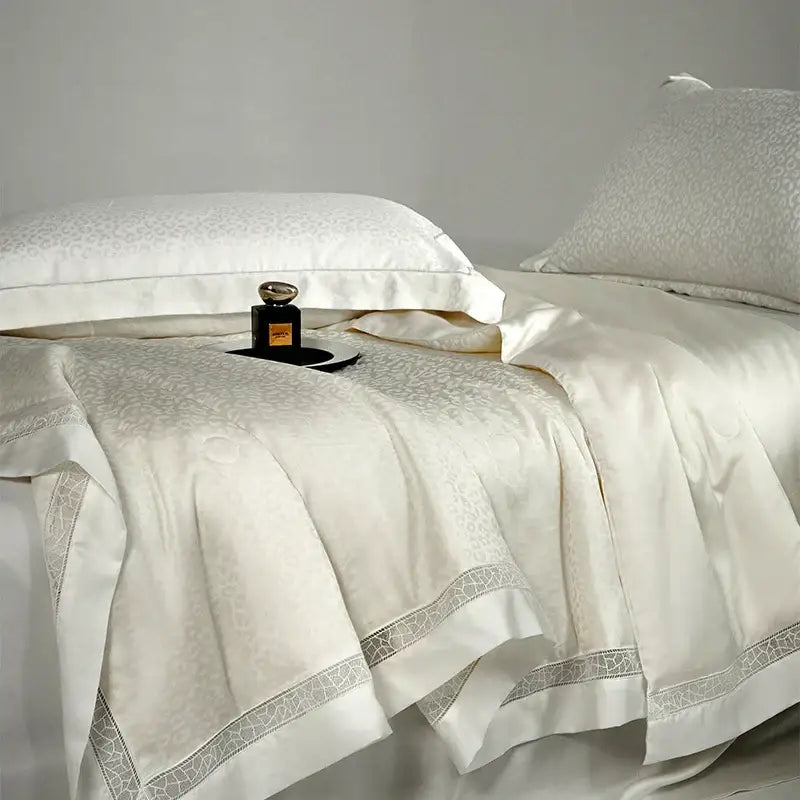 Beige & gold leopard jacquard summer bedding set bedroom lace trim