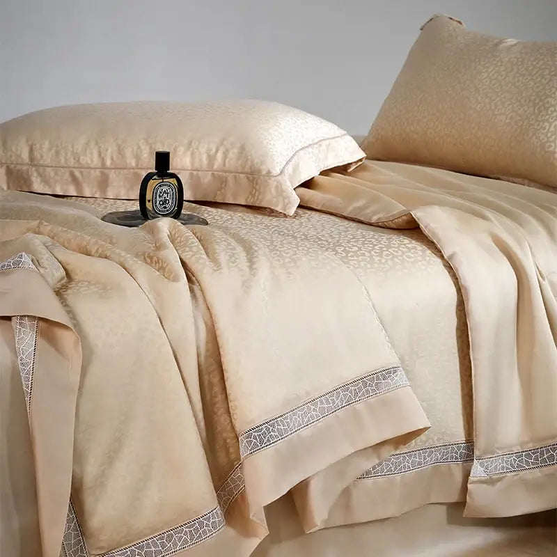 Beige & gold leopard jacquard summer bedding set bedroom lace trim