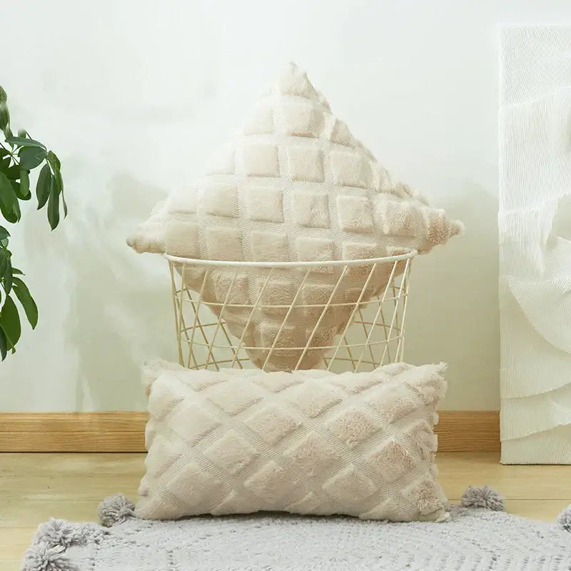 Beige & gray geometric diamond pattern cushion cover living room