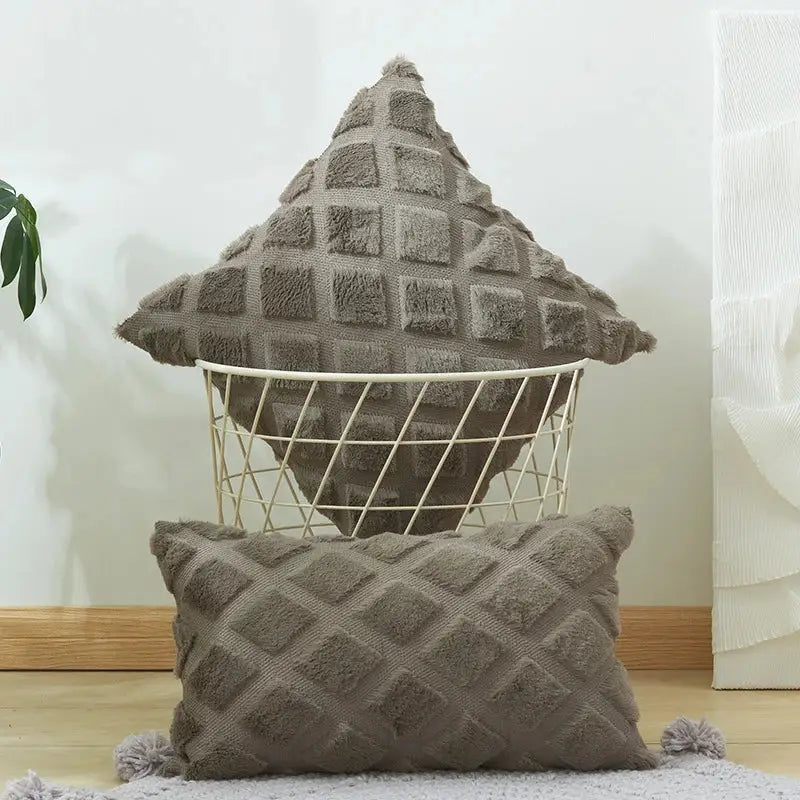 Beige & gray geometric diamond pattern cushion cover living room