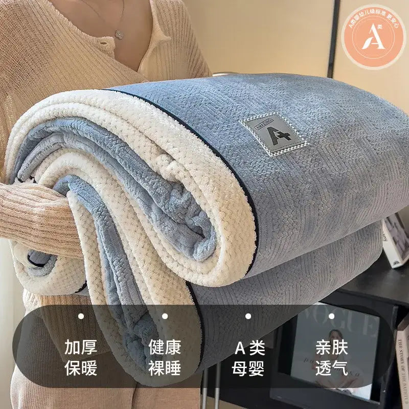 Beige & gray luxury velvet plush cotton blanket bedroom throw