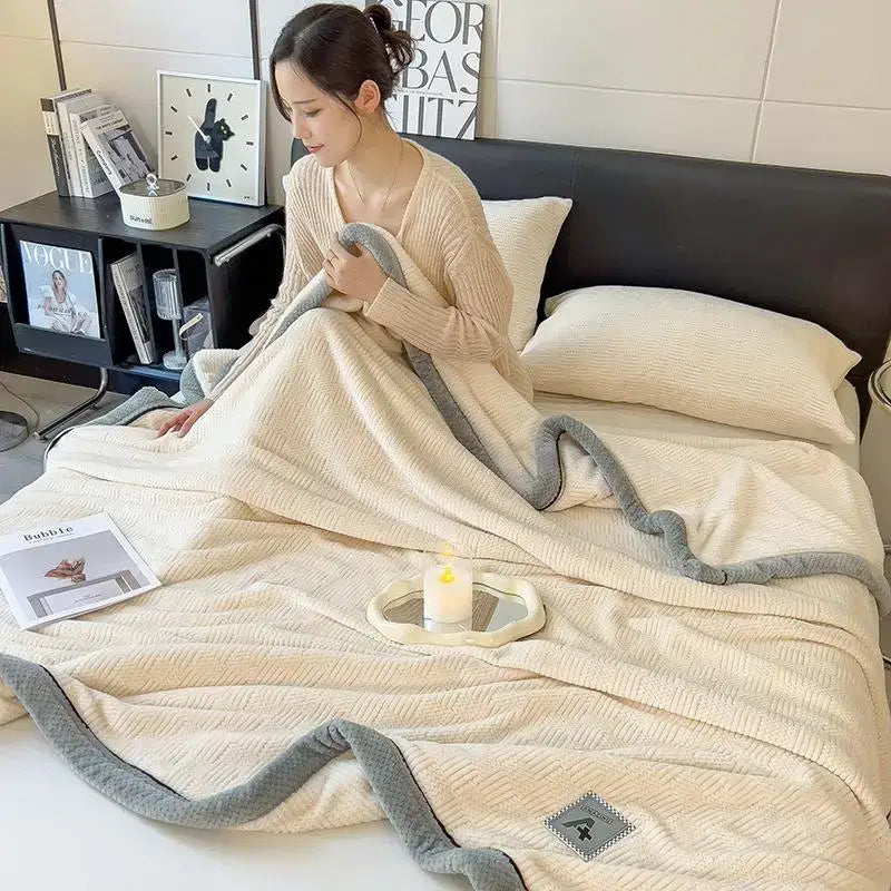 Beige & gray luxury velvet plush cotton blanket bedroom throw