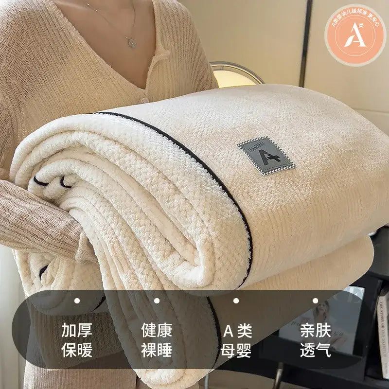Beige & gray luxury velvet plush cotton blanket bedroom throw