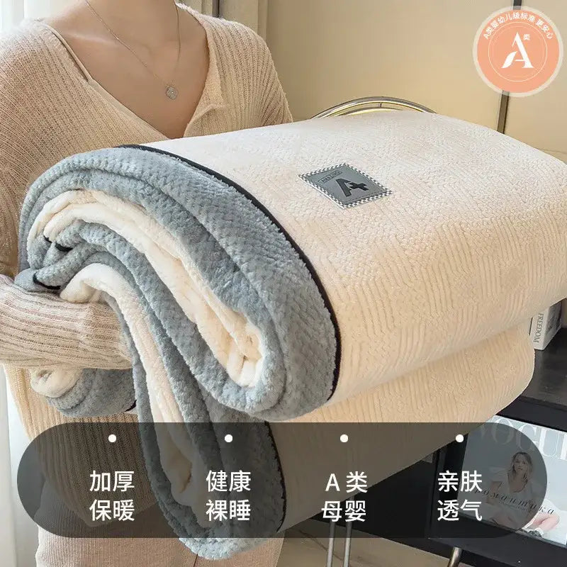Beige & gray luxury velvet plush cotton blanket bedroom throw