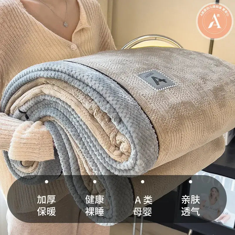 Beige & gray luxury velvet plush cotton blanket bedroom throw