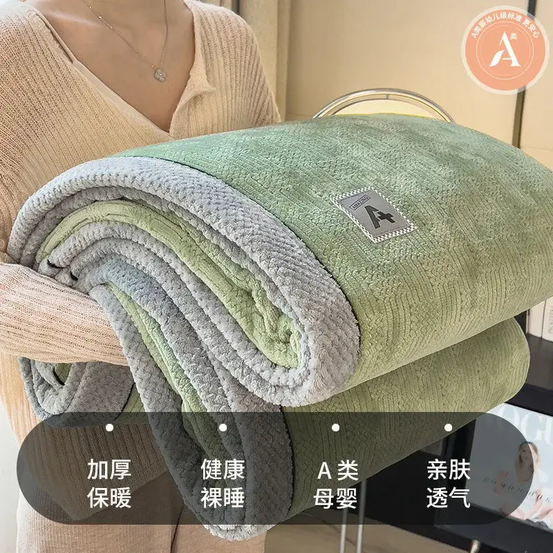 Beige & gray luxury velvet plush cotton blanket bedroom throw