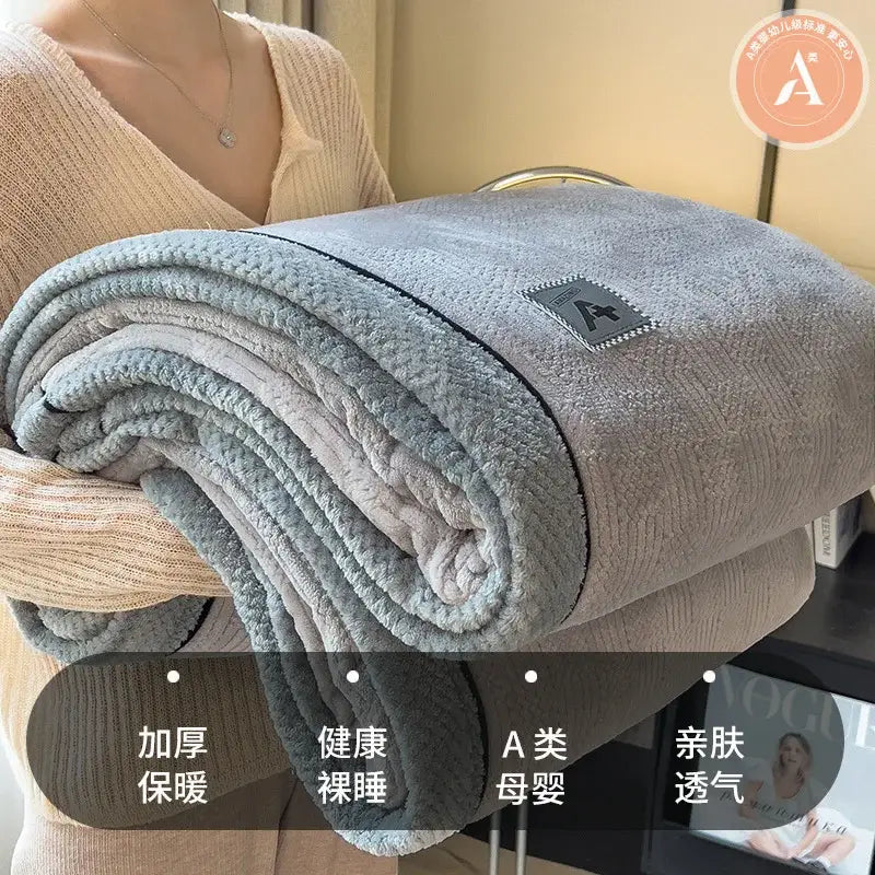 Beige & gray luxury velvet plush cotton blanket bedroom throw