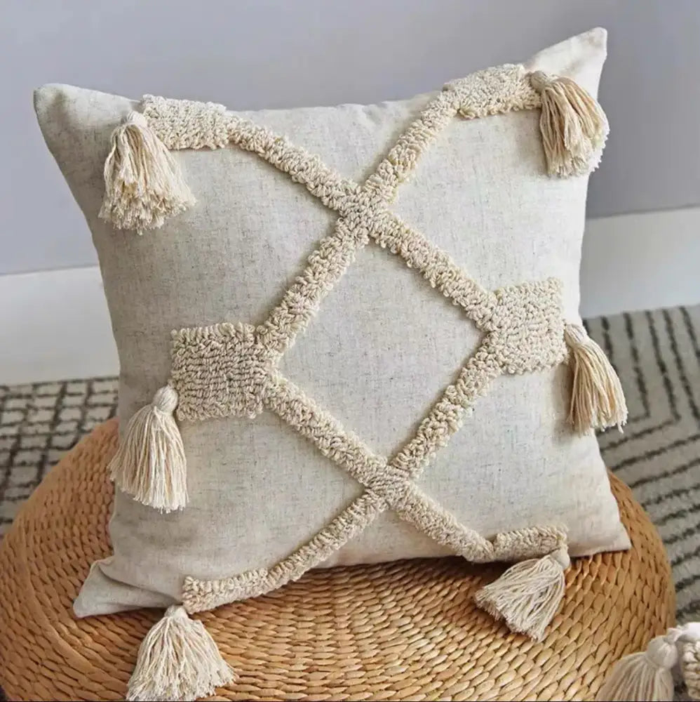 Beige handmade geometric tufted pillowcase set bedroom tassel decor