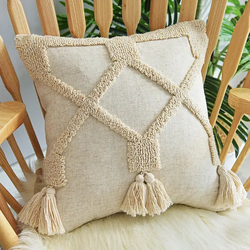 Beige handmade geometric tufted pillowcase set bedroom tassel decor