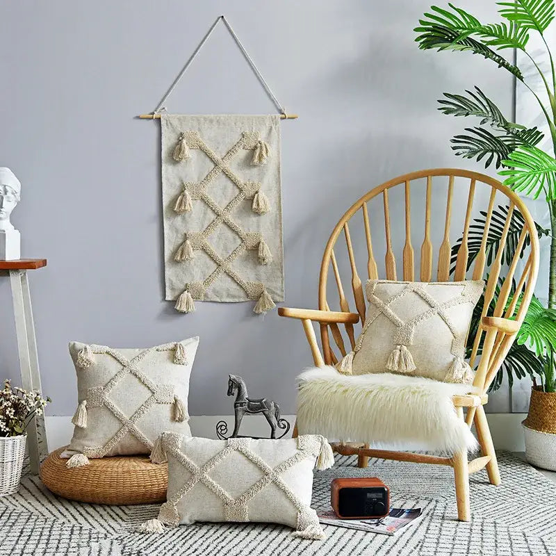 Beige handmade geometric tufted pillowcase set bedroom tassel decor