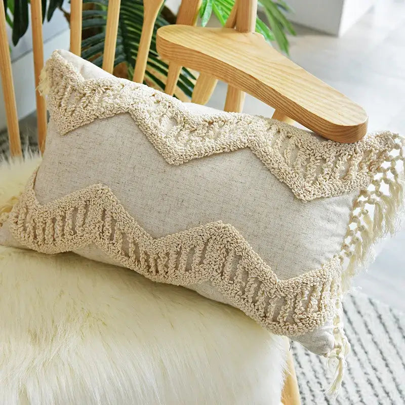 Beige handmade geometric tufted pillowcase set bedroom tassel decor
