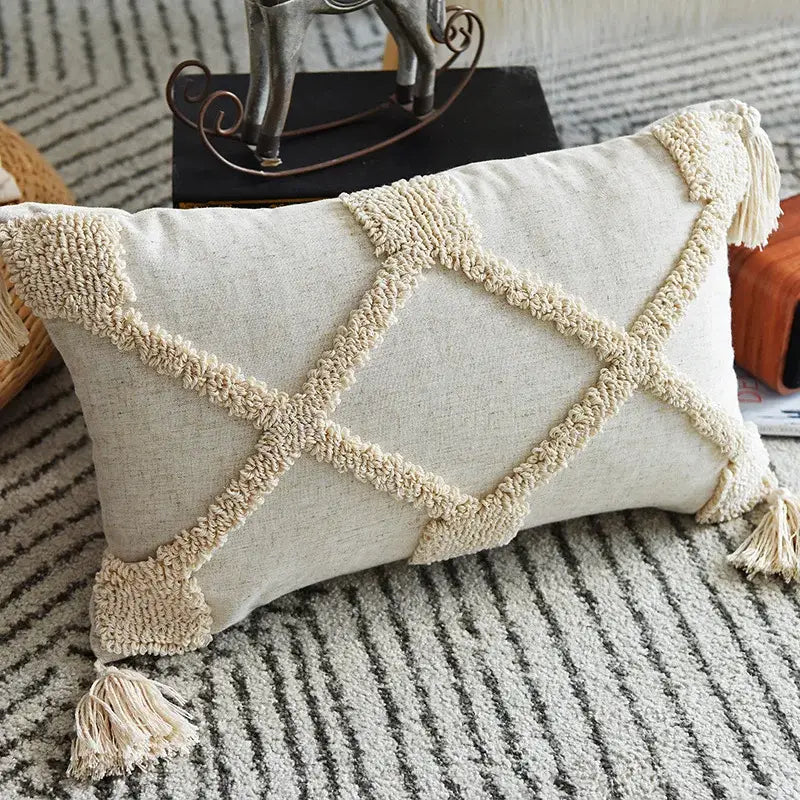 Beige handmade geometric tufted pillowcase set bedroom tassel decor