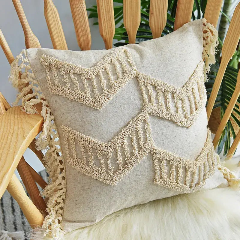 Beige handmade geometric tufted pillowcase set bedroom tassel decor