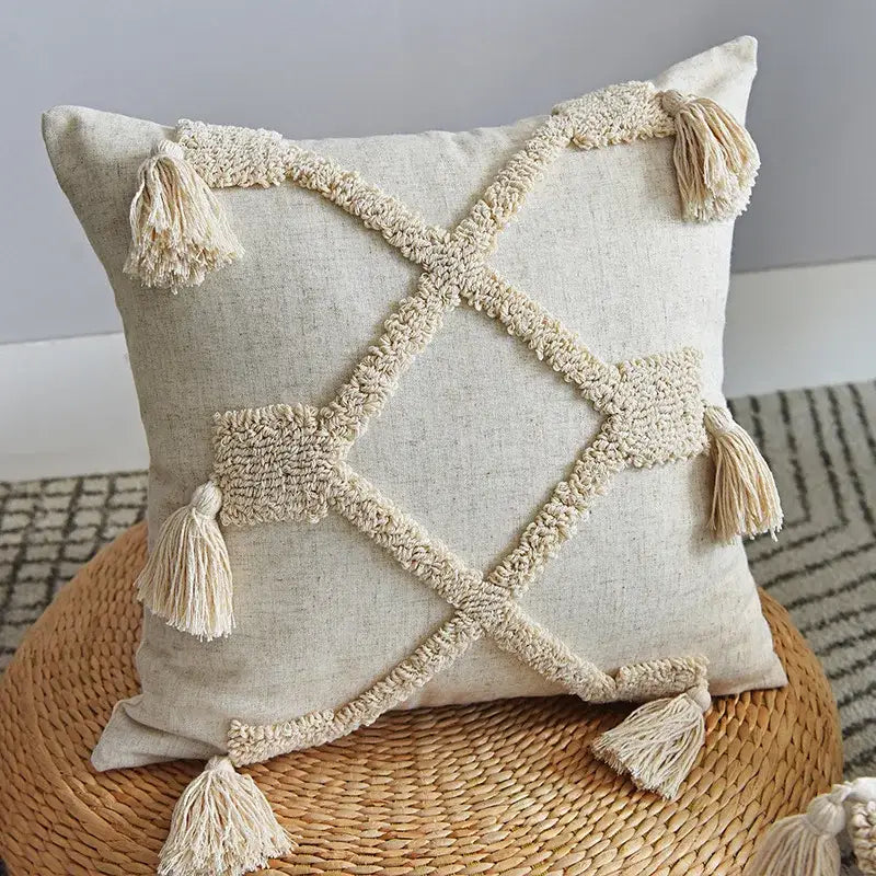 Beige handmade geometric tufted pillowcase set bedroom tassel decor