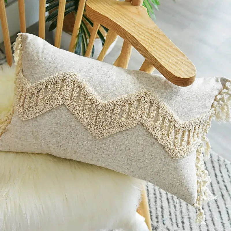 Beige handmade geometric tufted pillowcase set bedroom tassel decor