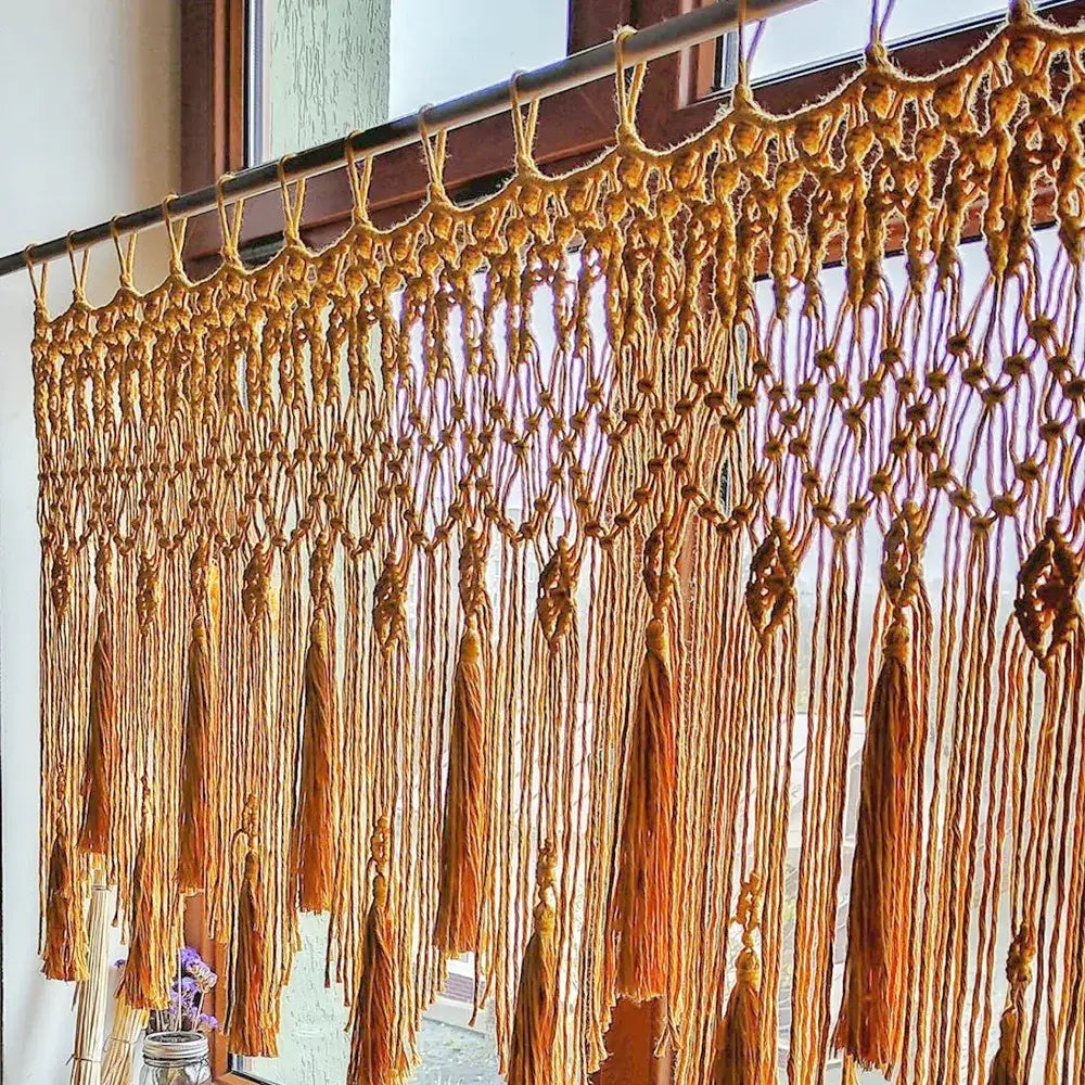 Beige handwoven macrame window curtain with tassels – living room