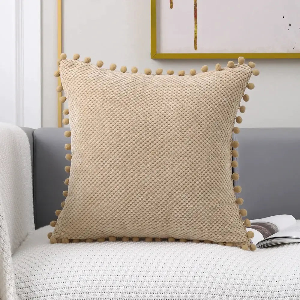 Beige knitted pompom decorative pillow cover living room decor