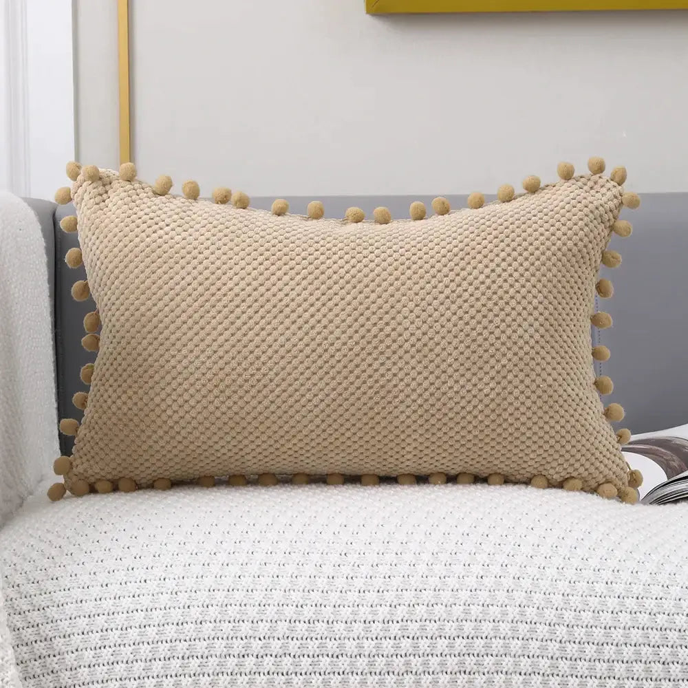 Beige knitted pompom decorative pillow cover living room decor