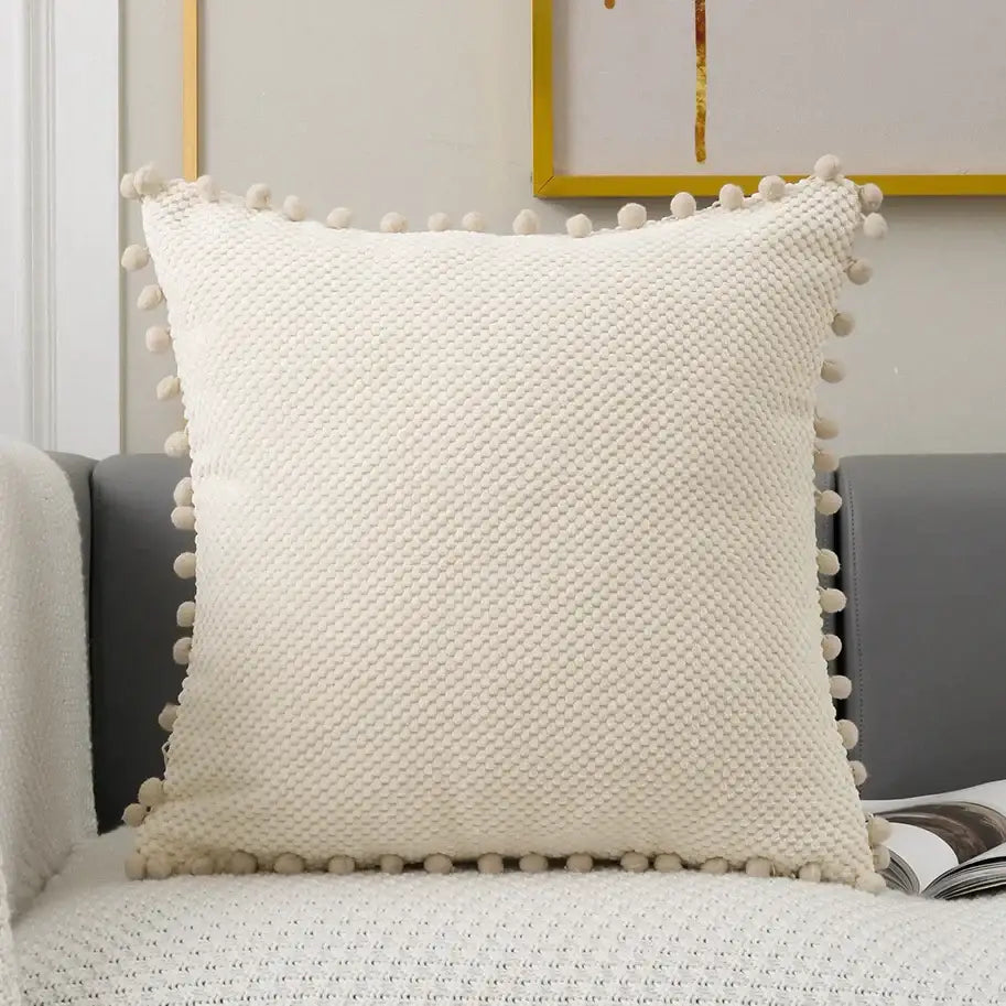 Beige knitted pompom decorative pillow cover living room decor