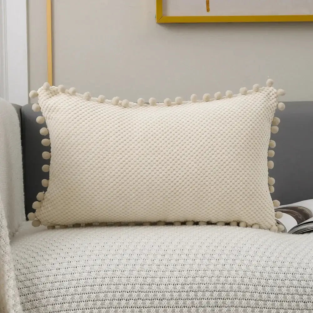 Beige knitted pompom decorative pillow cover living room decor