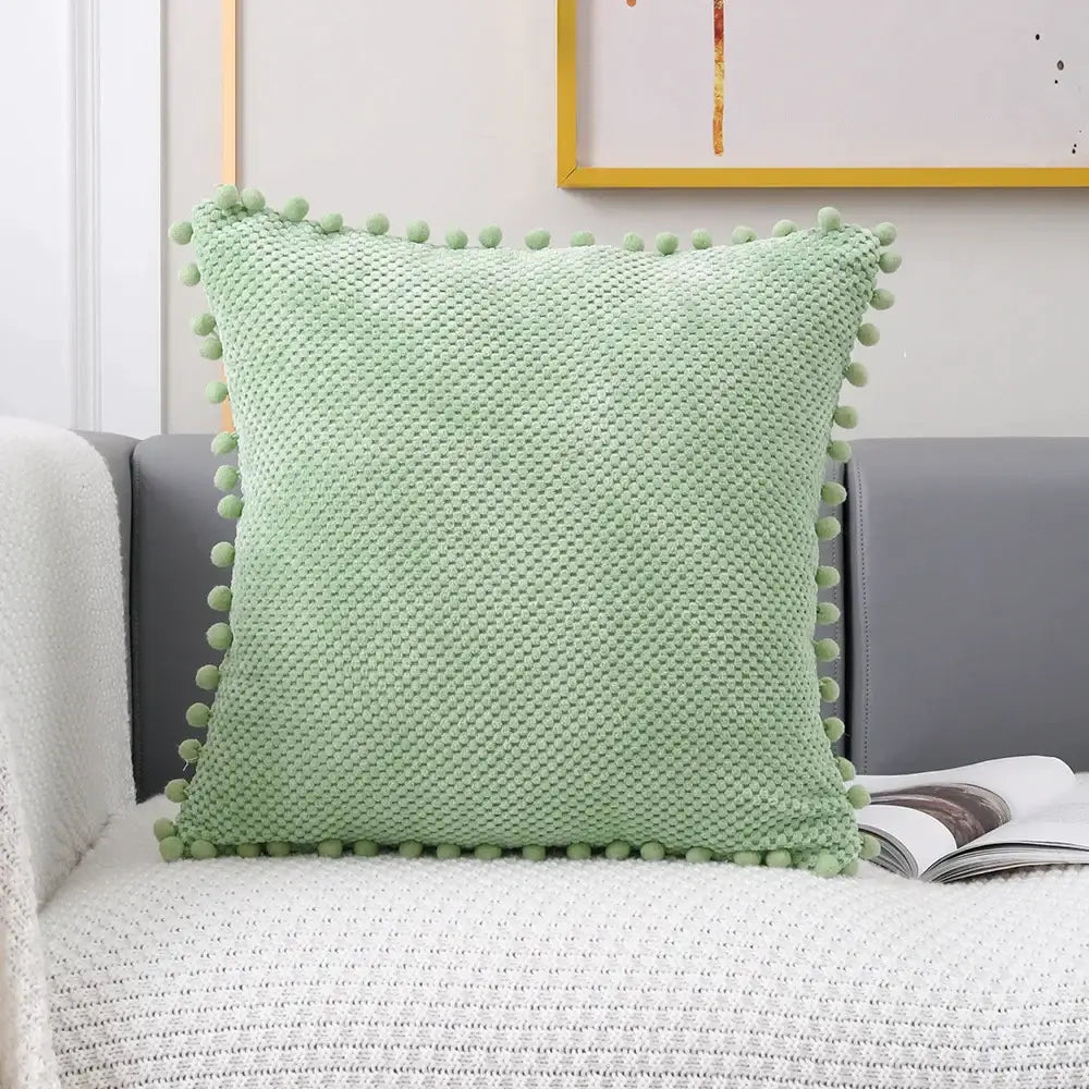 Beige knitted pompom decorative pillow cover living room decor