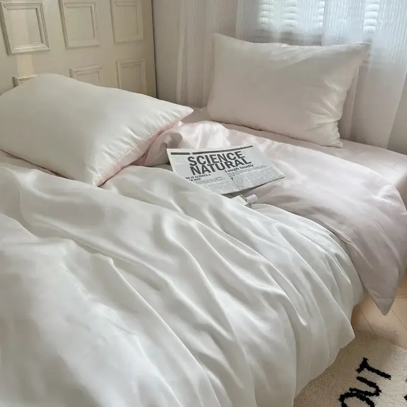 Beige & light blue ice silky solid bedding set bedroom duvet cover