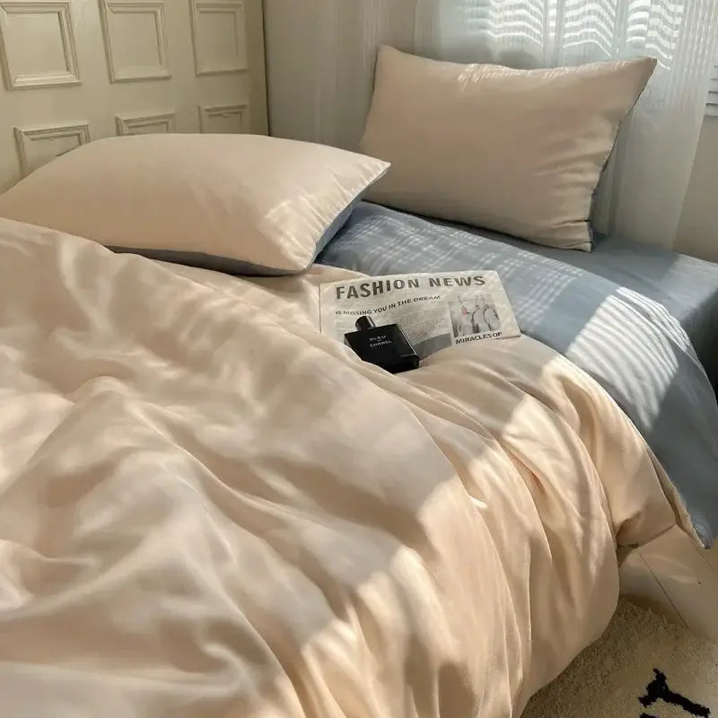 Beige & light blue ice silky solid bedding set bedroom duvet cover