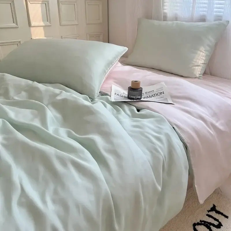 Beige & light blue ice silky solid bedding set bedroom duvet cover