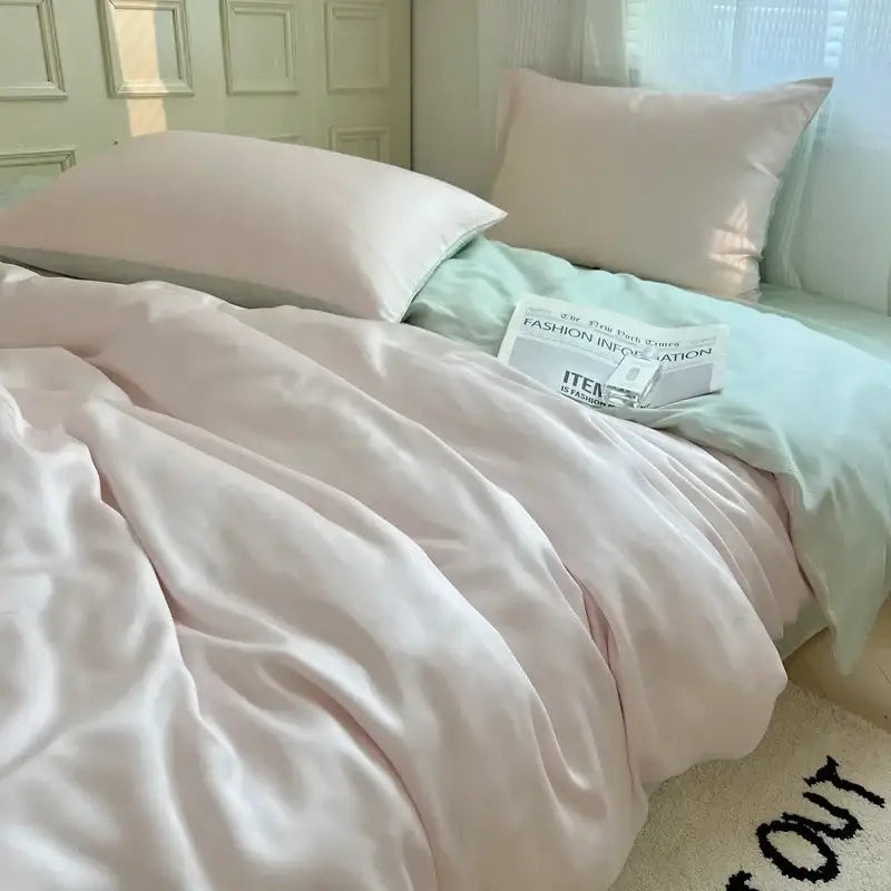 Beige & light blue ice silky solid bedding set bedroom duvet cover