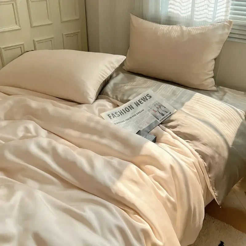 Beige & light blue ice silky solid bedding set bedroom duvet cover