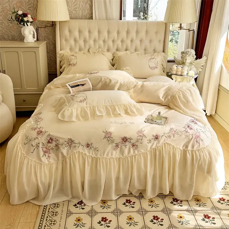 Beige pink lace embroidery bedding set – bedroom floral duvet cover